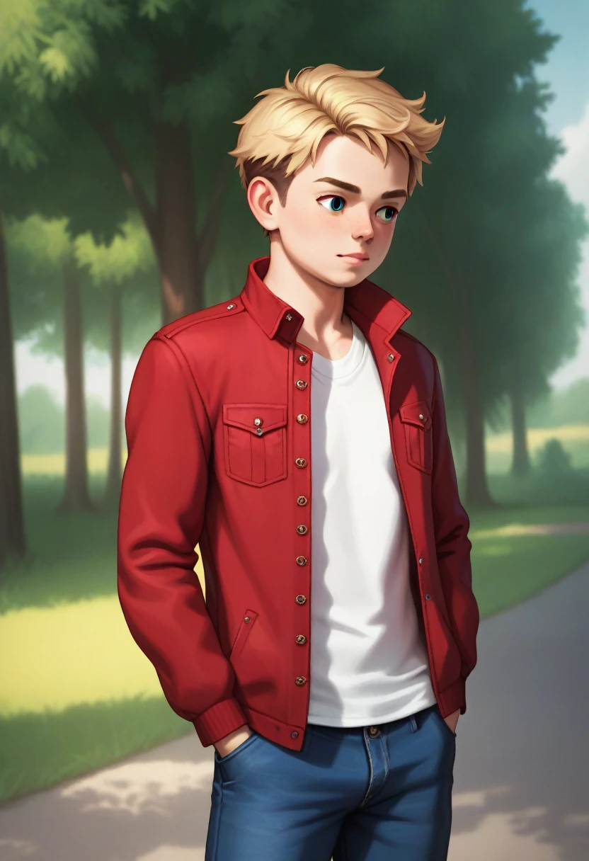 (((Masterpiece))), best quality, cowboy shot, perfect anatomy, (detailed face), outdoors, sunny, warm sunlight, (((realistic faces))), realistic anatomy, painterly)) 1boy, shota, solo, shotacon, red jacket, three quarter view, hand_in_pocket