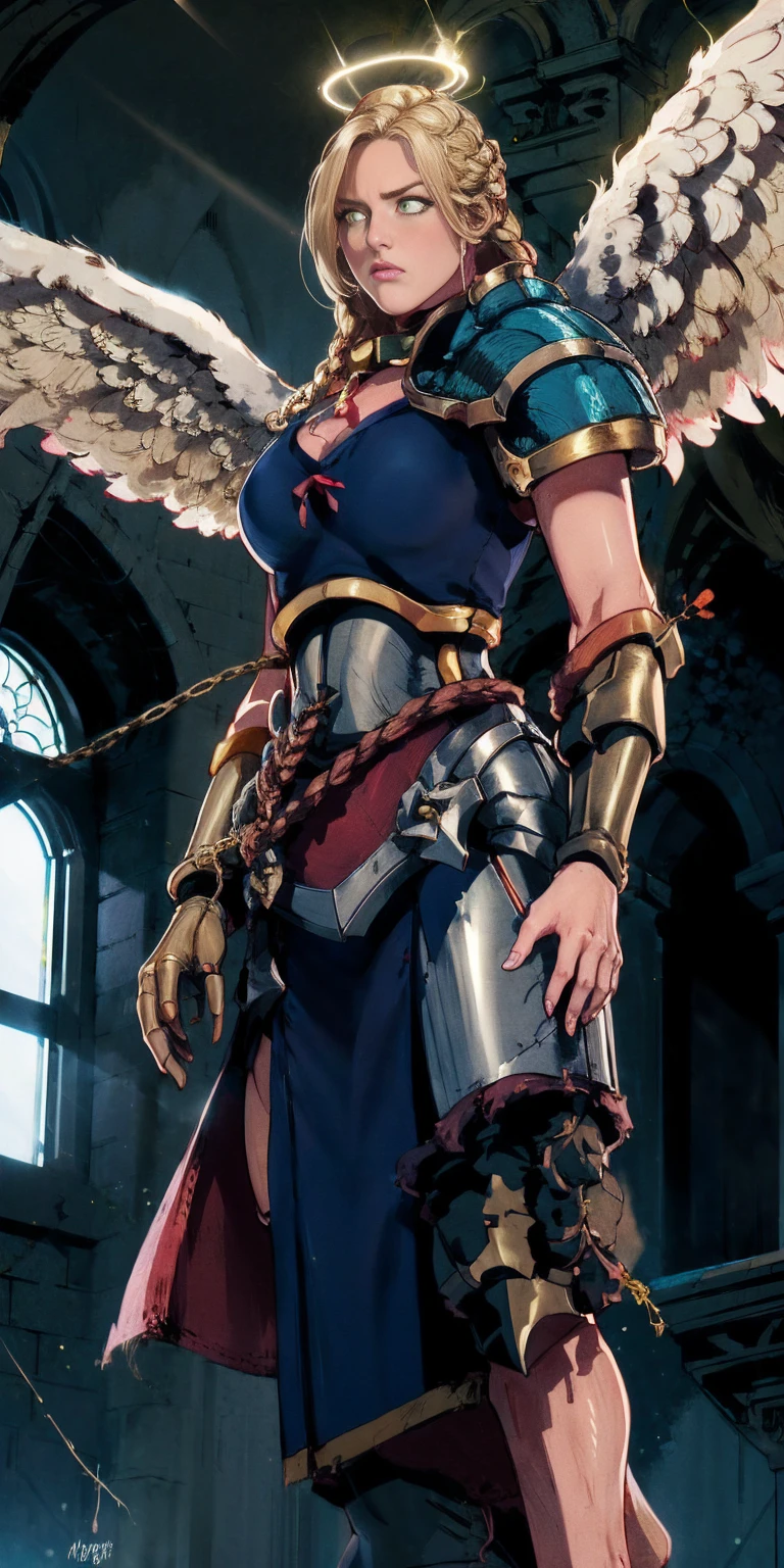 low angle, from below, paladin templar lady in white tabard, legwear, glowing yellow eyes, collar, golden chainmail, wide hips, barefoot, angel wings, pauldrons, halo, bob cut, blonde, eye focus, red cape, temple indoors, decorations, stained glass windows, night, particles, chromatic aberration, detailed, cinematic, dark scene, fantasy