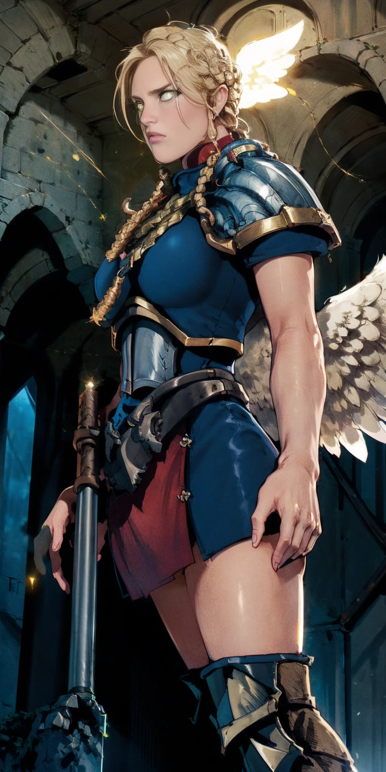 low angle, from below, paladin templar lady in white tabard, legwear, glowing yellow eyes, collar, golden chainmail, wide hips, barefoot, angel wings, pauldrons, halo, bob cut, blonde, eye focus, red cape, temple indoors, decorations, stained glass windows, night, particles, chromatic aberration, detailed, cinematic, dark scene, fantasy