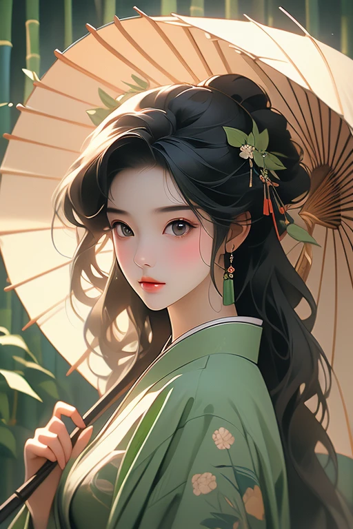 (Highest quality,8k,High resolution,masterpiece:1.2),((masterpiece,Highest quality)), High resolution with great detail, ((Absolutely no umbrella background)),araffe woman in kimono holding a green umbrella and a green plant,((The body is front)),A painting inspired by the bamboo leaves of Otake, shutterstock, Ukiyo-e, in kimono, Japanese women, wear Kimono, (No umbrella),(Highly detailed skin and facial textures:1.3), (Ultra detailed face),(Detailed arms),(Beautiful attention to detail),(Beautiful lip detail),Traditional Japanese, Young Japanese girl, wear Kimono, elegant Japanese women, Photographic portrait of a geisha, The Imperial Family's Wear Kimono, Japanese Kimono