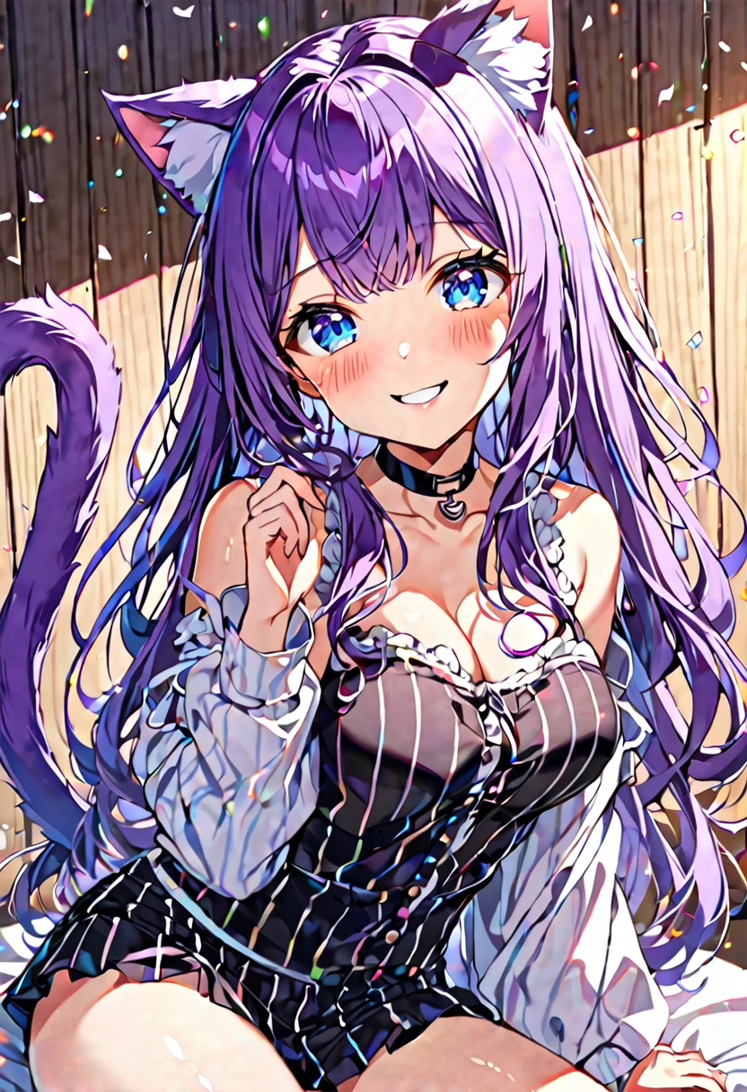 1girl, Blue eyes, Long Hair, Bangs, Purple Hair, Breasts, Smile, Blush, Light Smile, cat ears, purple cat tail