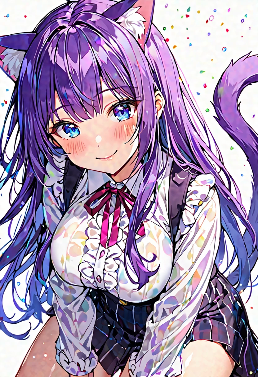 1girl, Blue eyes, Long Hair, Bangs, Purple Hair, Breasts, Smile, Blush, Light Smile, cat ears, purple cat tail