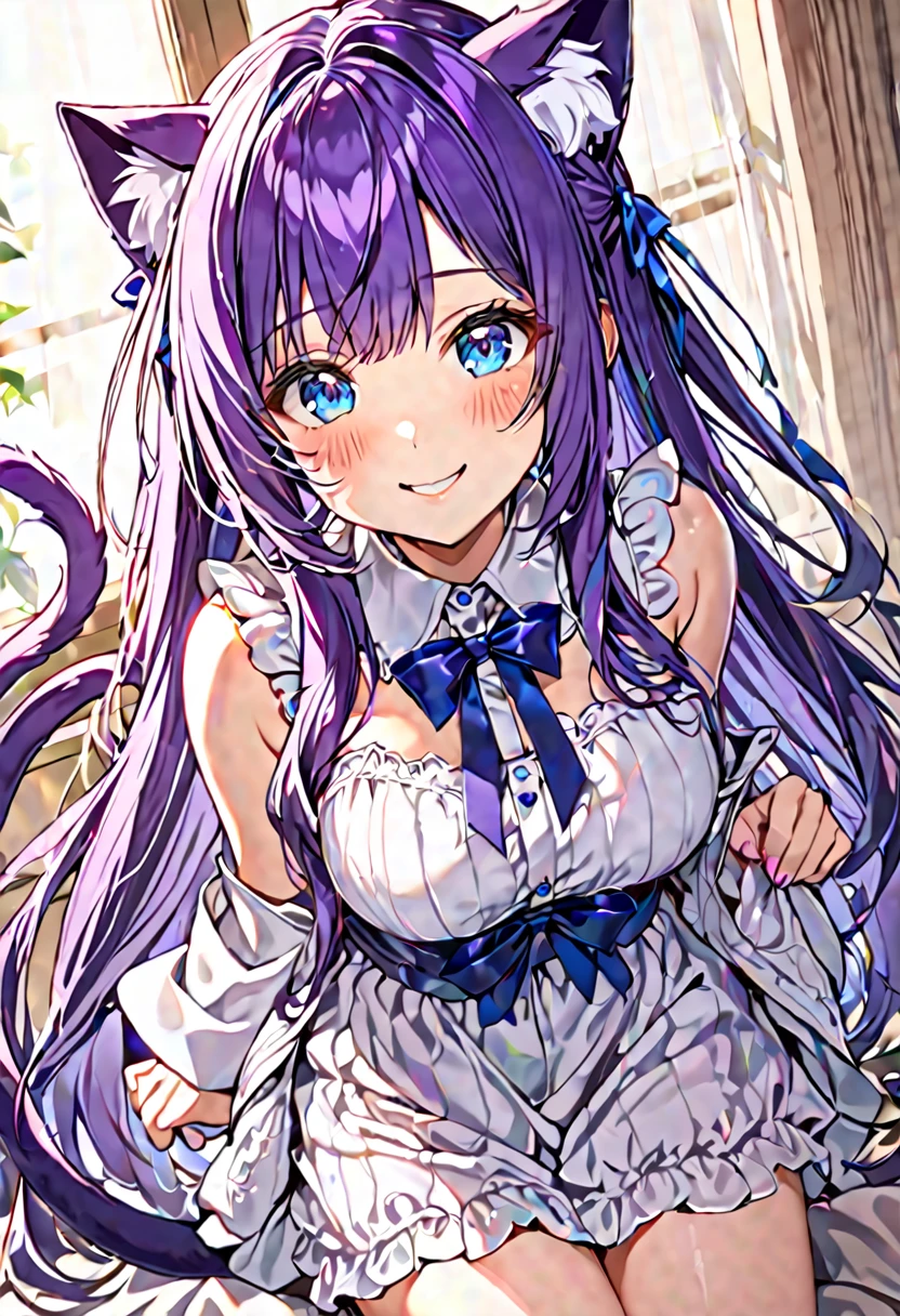 1girl, Blue eyes, Long Hair, Bangs, Purple Hair, Breasts, Smile, Blush, Light Smile, cat ears, purple cat tail