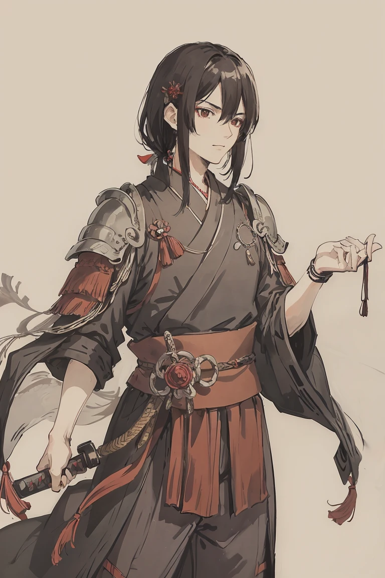 sparrow, a black haired men, wearing a red samurai armor, medium hair, fasion hair, samurai armor, slim body, shirt ornament, hakama, men, handsome face, tall 187cm, 25yearold, samurai