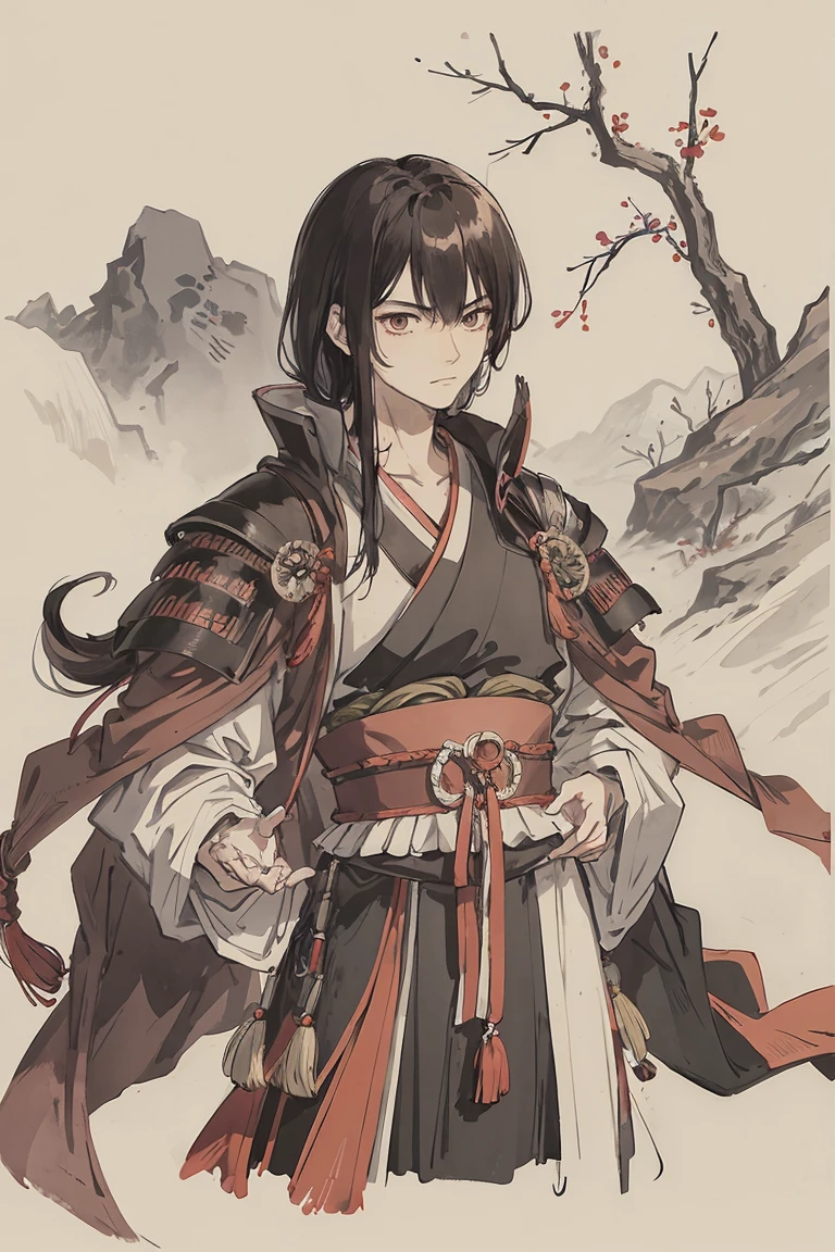 sparrow, a black haired men, wearing a red samurai armor, medium hair, fasion hair, samurai armor, slim body, shirt ornament, hakama, men, handsome face, tall 187cm, 25yearold, samurai