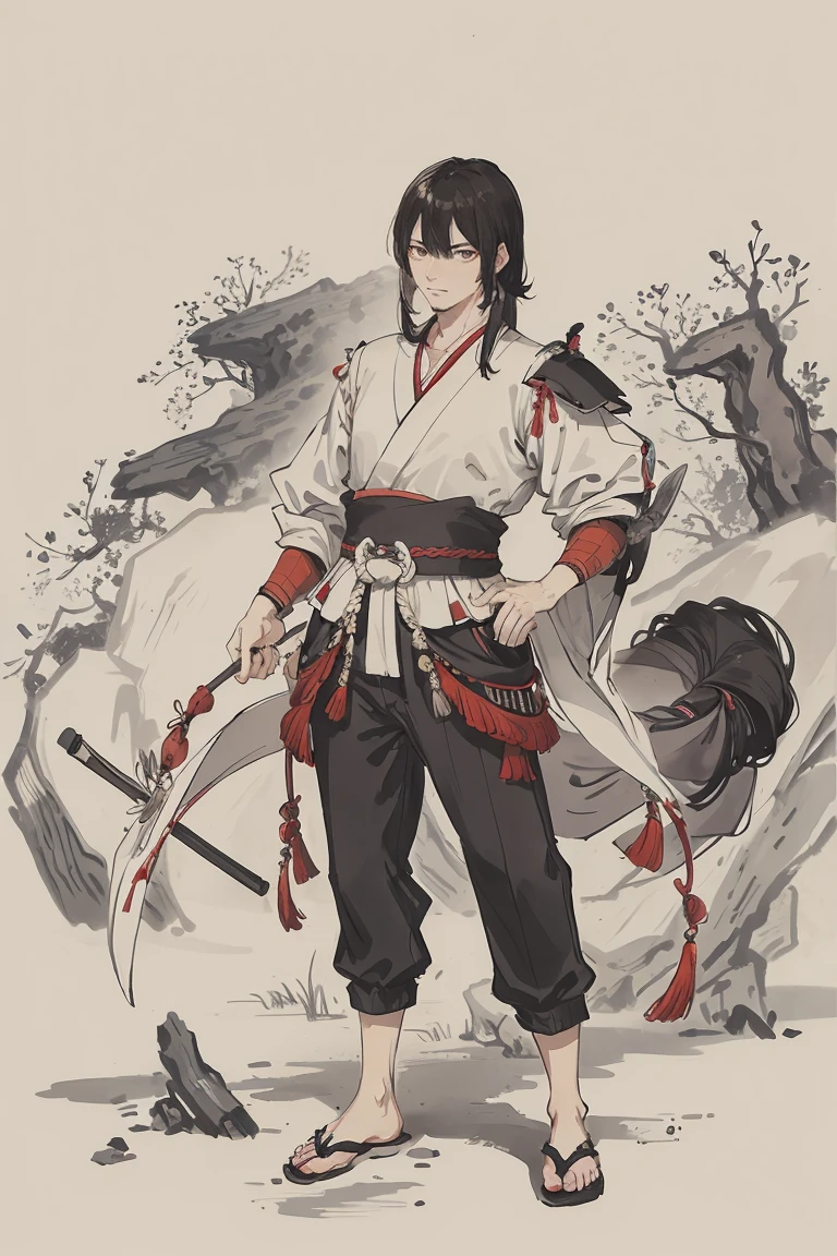 sparrow, a black haired men, wearing a red samurai armor, medium hair, fasion hair, samurai armor, slim body, shirt ornament, hakama, men, handsome face, tall 187cm, 25yearold, samurai