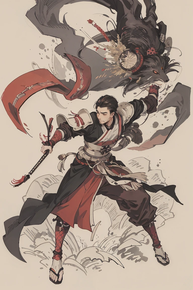sparrow, a black haired men, wearing a red samurai armor, medium hair, fasion hair, samurai armor, slim body, shirt ornament, hakama, men, handsome face, tall 187cm, 25yearold, samurai