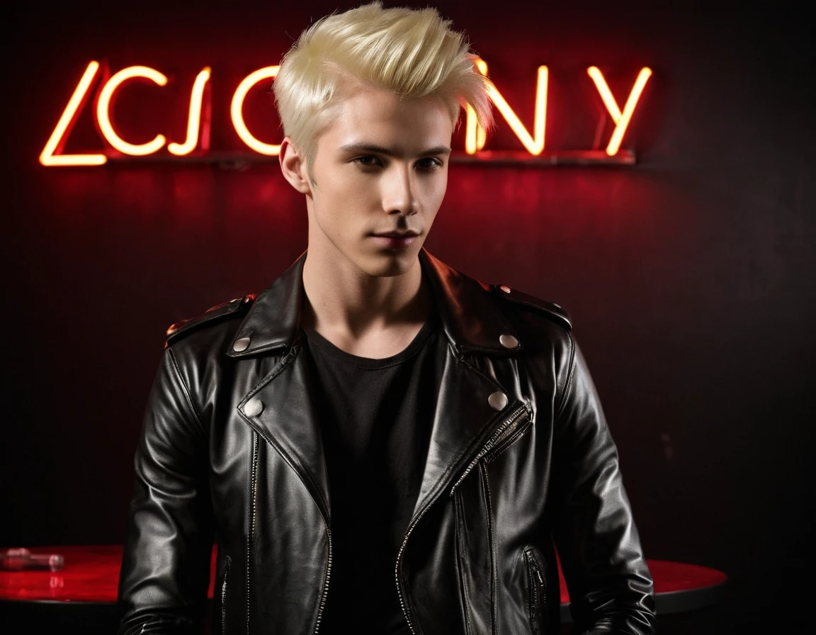 Photorealistic, low lighting, solo, young man, 22 years, pale skin, model (skinny:1.3), (short layered platinum blond hair:1.5), (black leather jacket:1.3), low lighting, incubus, sexy, (neon letters C N T X:1.4), strip club lighting, BDSM background