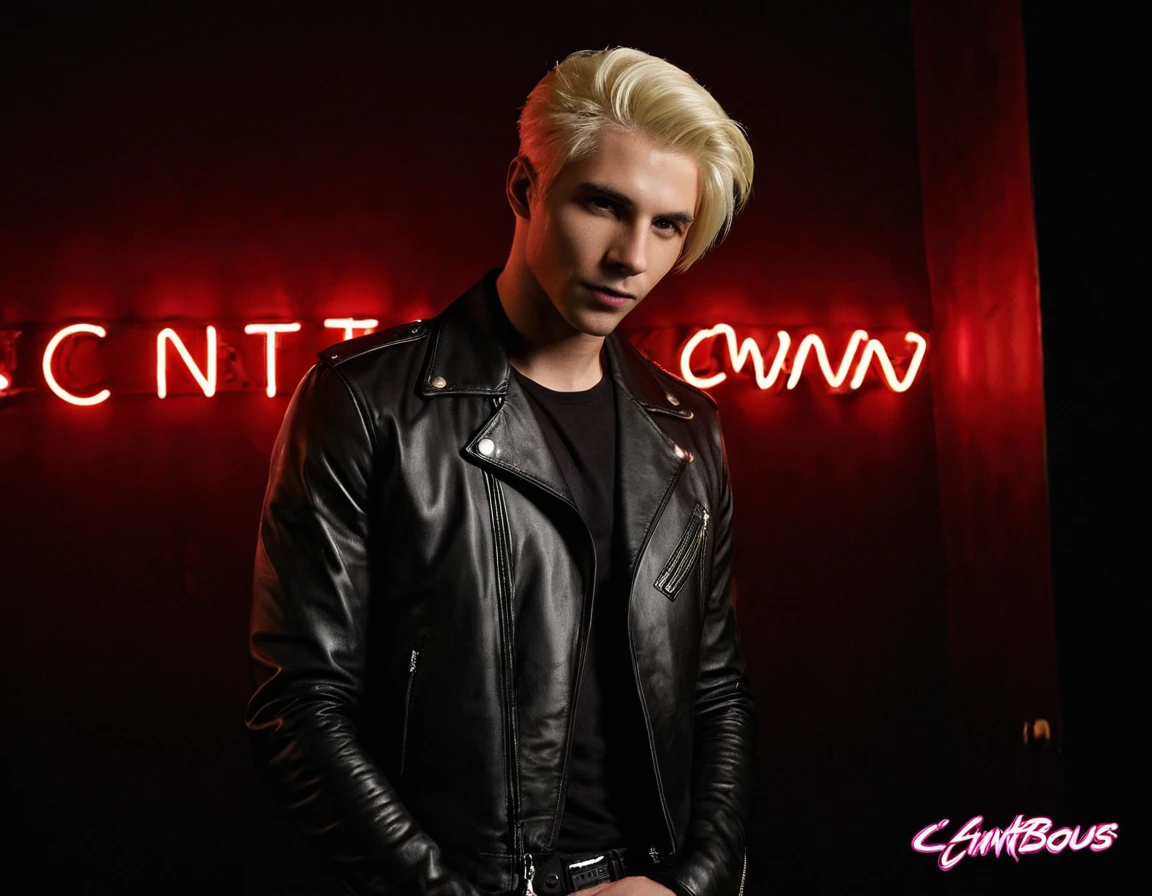 Photorealistic, low lighting, solo, young man, 22 years, pale skin, model (skinny:1.3), (short layered platinum blond hair:1.5), (black leather jacket:1.3), low lighting, incubus, sexy, (neon letters C N T X:1.4), strip club lighting, BDSM background