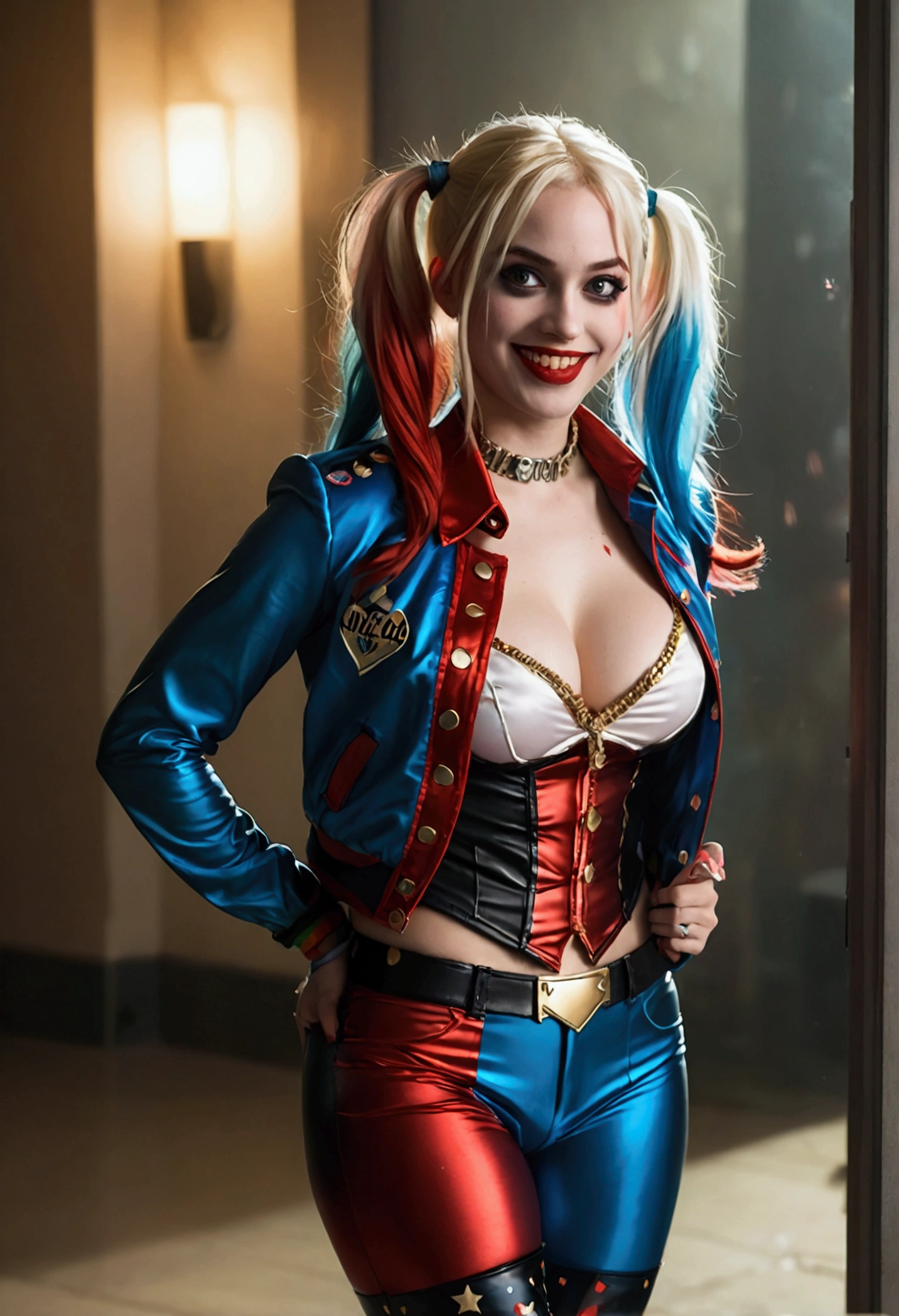 ultra realistic, photography, long red hair, girl, 24 years old, hourglass figure, perfect body, Flirty look, extremely detailed artgerm, in the style artgerm, small breasts, facing the camera, lens 35 mm, blur background, red and blue Harley Quinn costume (from the 2016 suicide squad movie), lively costume party as background, laughing, full body picture, full body, tights