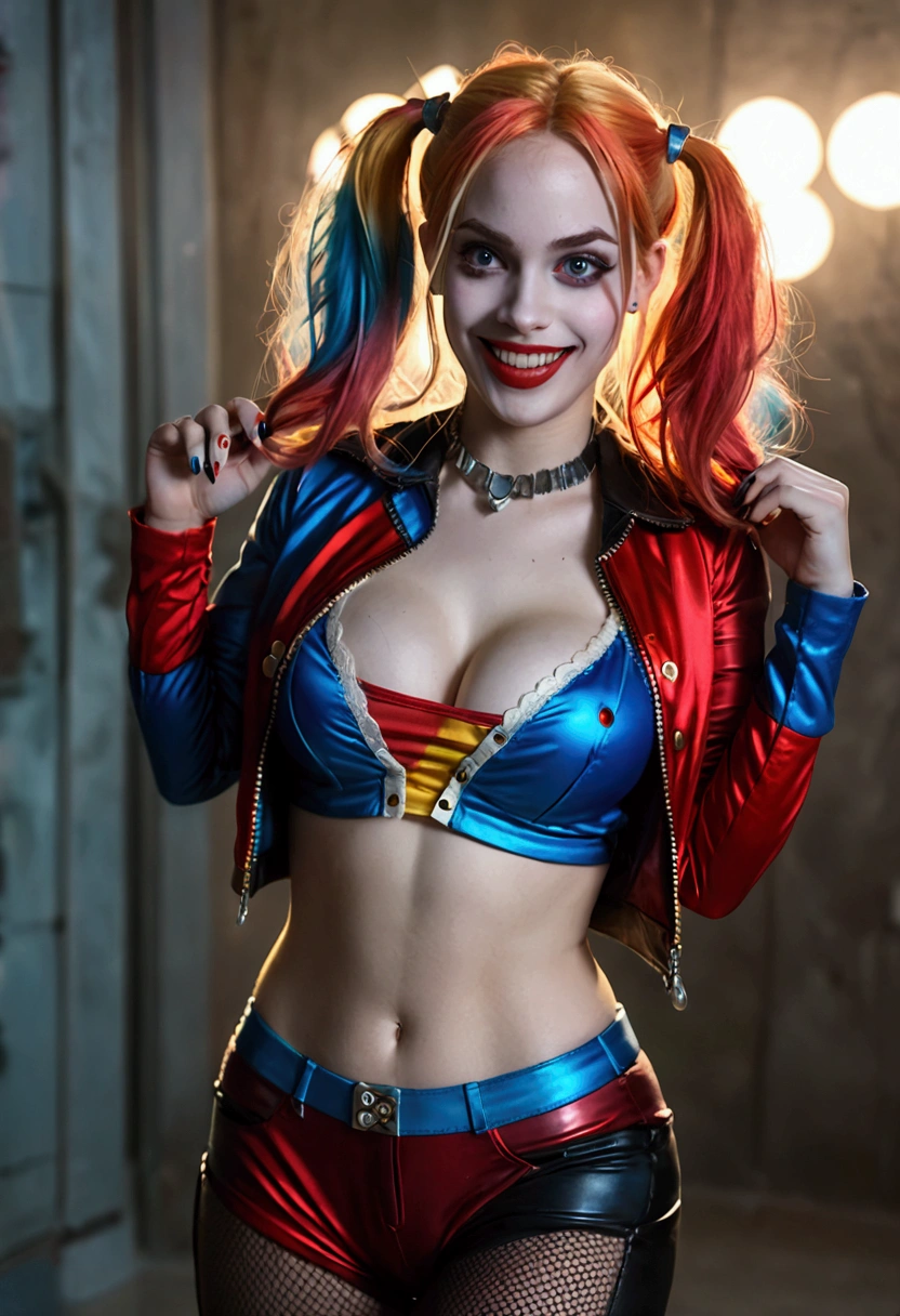 ultra realistic, photography, long red hair, girl, 24 years old, hourglass figure, perfect body, Flirty look, extremely detailed artgerm, in the style artgerm, small breasts, facing the camera, lens 35 mm, blur background, red and blue Harley Quinn costume (from the 2016 suicide squad movie), lively costume party as background, laughing, full body picture, full body, tights