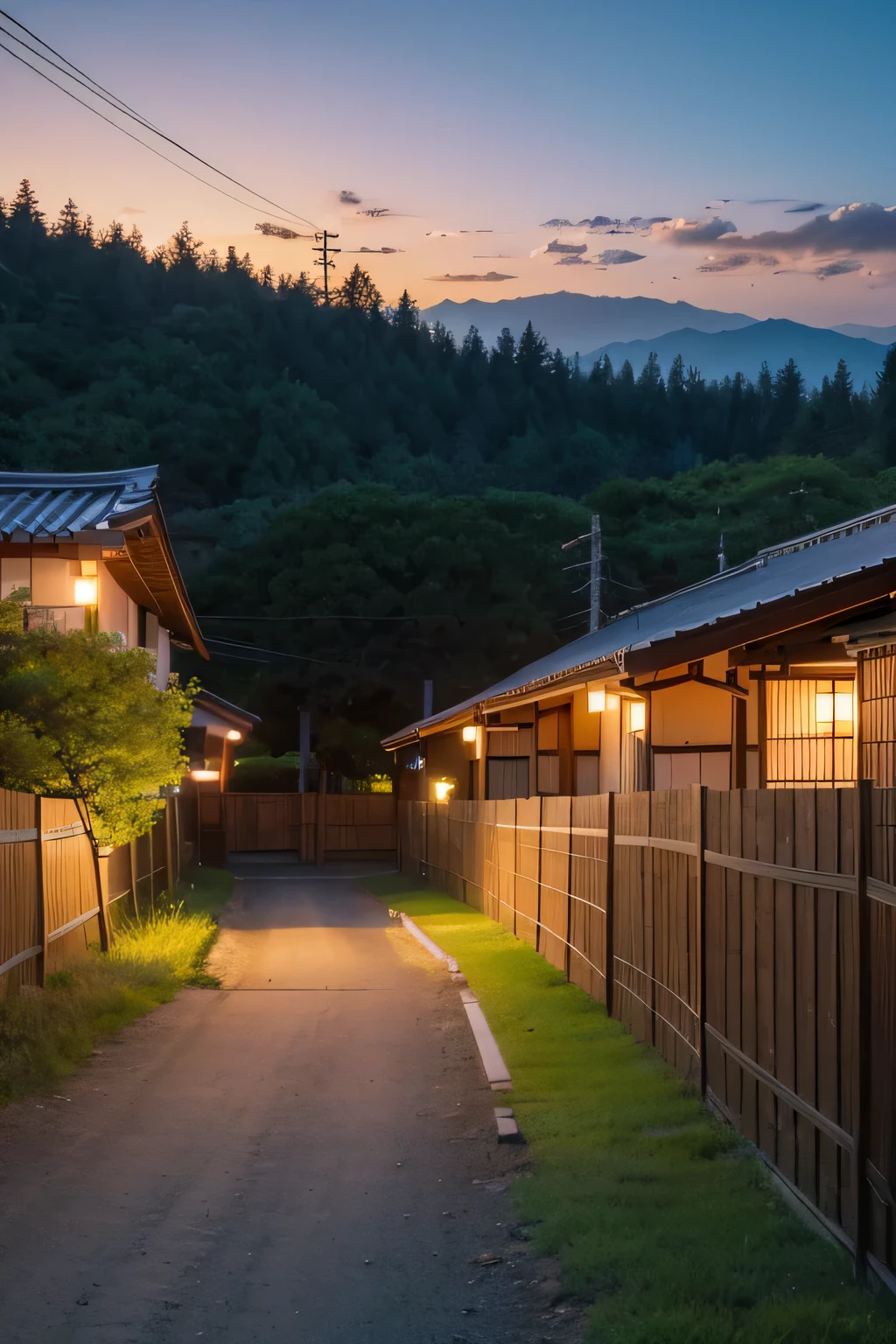 Japanese Anime,Small town,plant,Wooden house,Fence,Dirt Road,lawn,evening,Sunset,Landscape composition