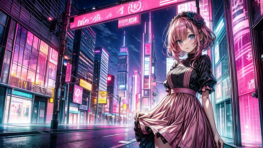 an anime girl, beautiful, pink hair, blue eyes, ojos beautifuls y definidos, modern pink dress, in the background of the city, beautiful, very detailed graphics, modern style art