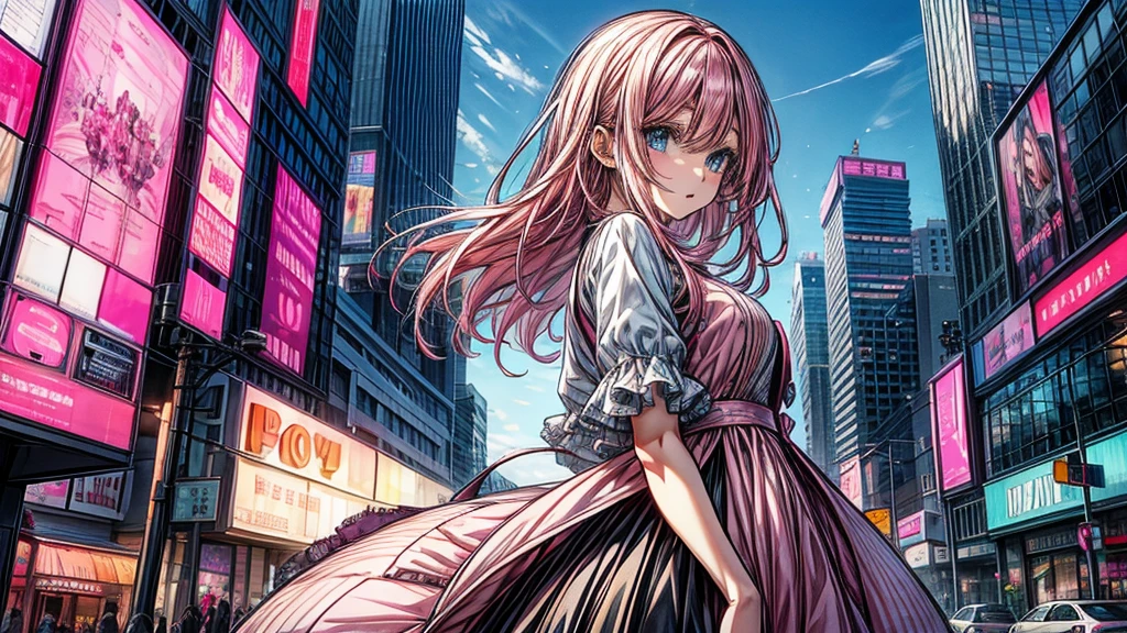 an anime girl, beautiful, pink hair, blue eyes, ojos beautifuls y definidos, modern pink dress, in the background of the city, beautiful, very detailed graphics, modern style art
