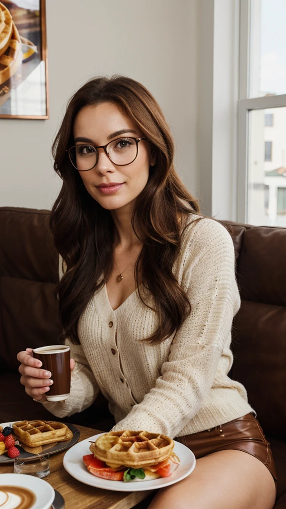 creates a 28 year old girl, long copper brown hair, Oval face, brunette with italian, With glasses, Brown eyes, charismatic, friendly, fashion designer, standing, sitting on the couch having breakfast with coffee and some waffles photos taken with the maximum three-lens camera of the iPhone 14pro, with natural light and shadows, realistic photo With background on the beach with clothing according to the season