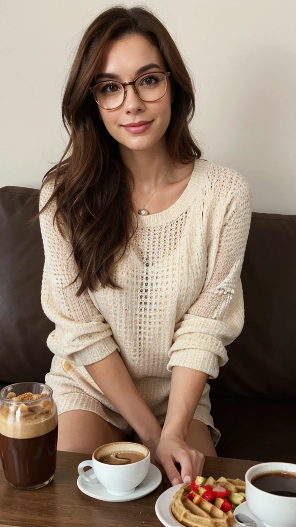 creates a 28 year old girl, long copper brown hair, Oval face, brunette with italian, With glasses, Brown eyes, charismatic, friendly, fashion designer, standing, sitting on the couch having breakfast with coffee and some waffles photos taken with the maximum three-lens camera of the iPhone 14pro, with natural light and shadows, realistic photo With background on the beach with clothing according to the season