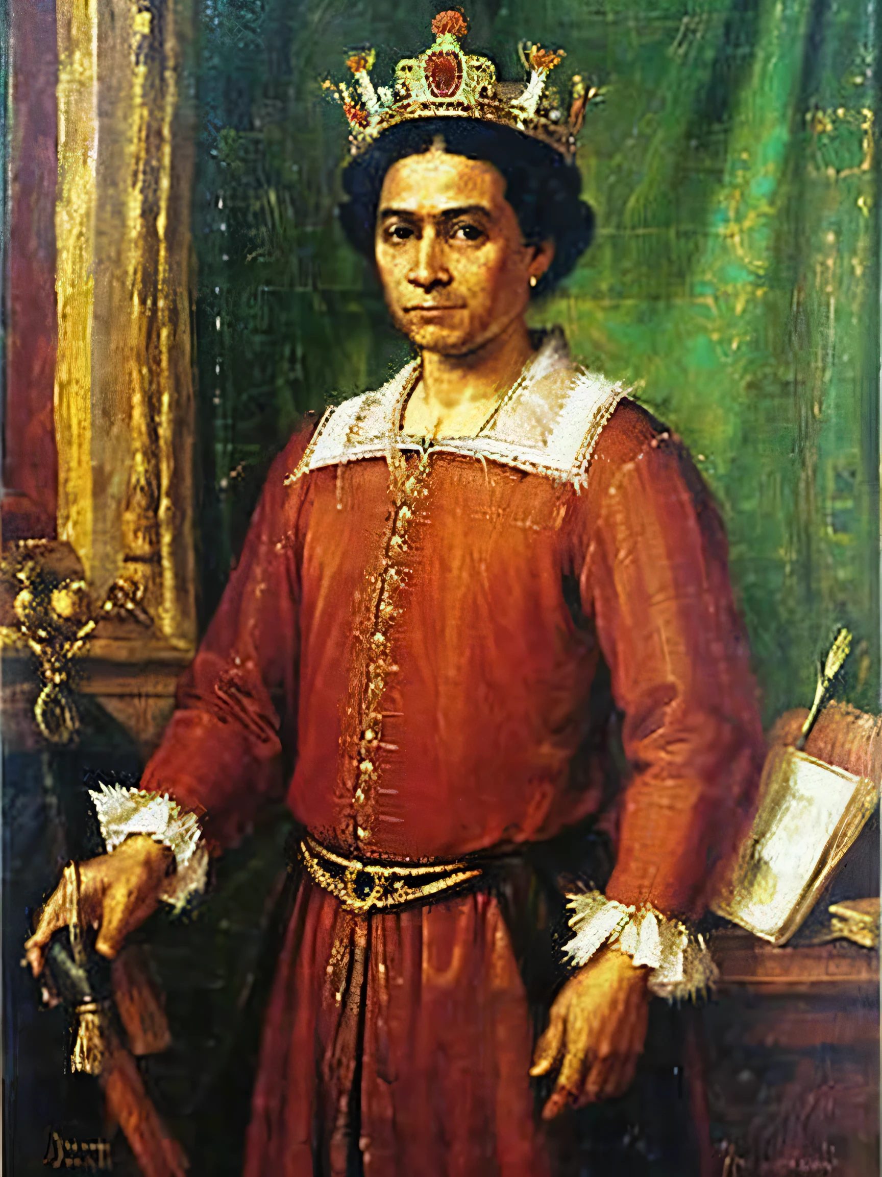 Oil painting, Tupiniquim indigenous single man, 16th century, with royal clothes and crown