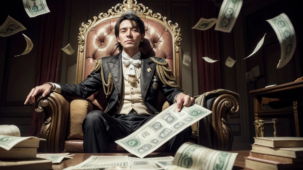 A rich man sitting on a throne with banknotes around him