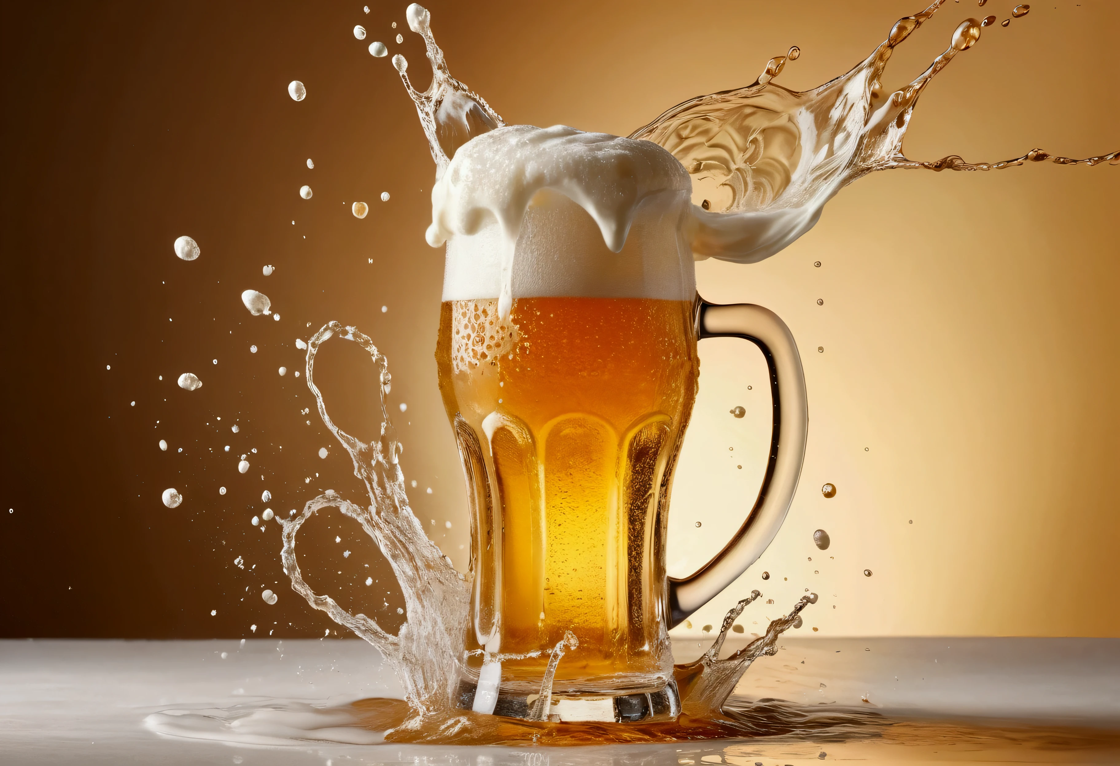 a picture of an hazy beer, beer splashing in the elegant cream color background like in a commercial, everything in focus