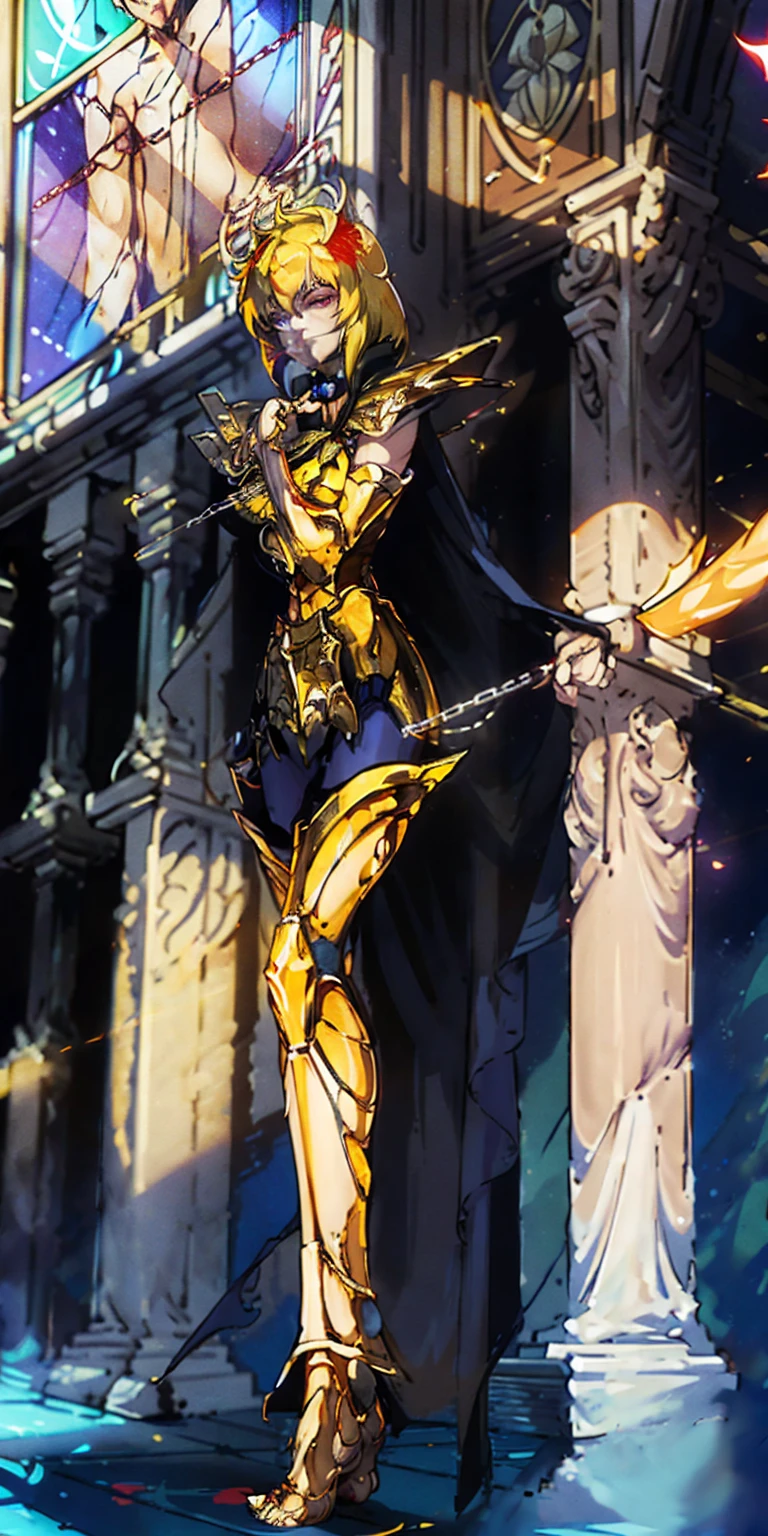 low angle, from below, paladin templar lady in white tabard, legwear, glowing yellow eyes, collar, golden chainmail, wide hips, barefoot, angel wings, pauldrons, halo, bob cut, blonde, eye focus, red cape, temple indoors, decorations, stained glass windows, night, particles, chromatic aberration, detailed, cinematic, dark scene, fantasy