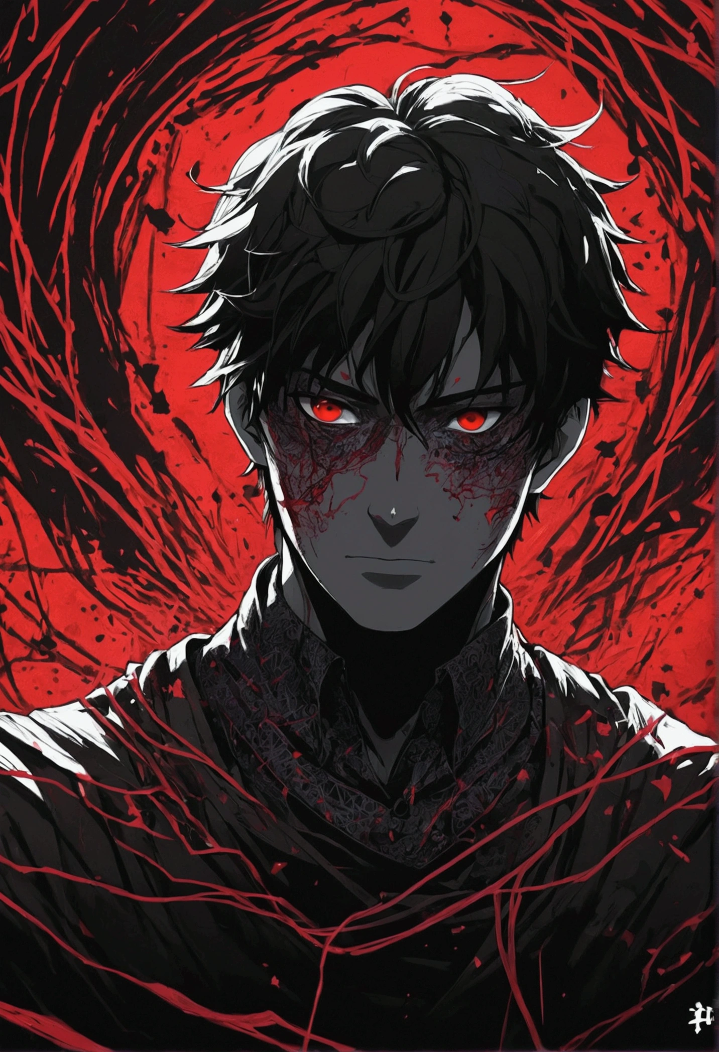 a male character, uncanny, with the entire stage covered in black scribbles, and your eyes scribbled with the color red, and a terrifying background behind it, the shadows trying to get close to him, anime style for phonk music thumbnail