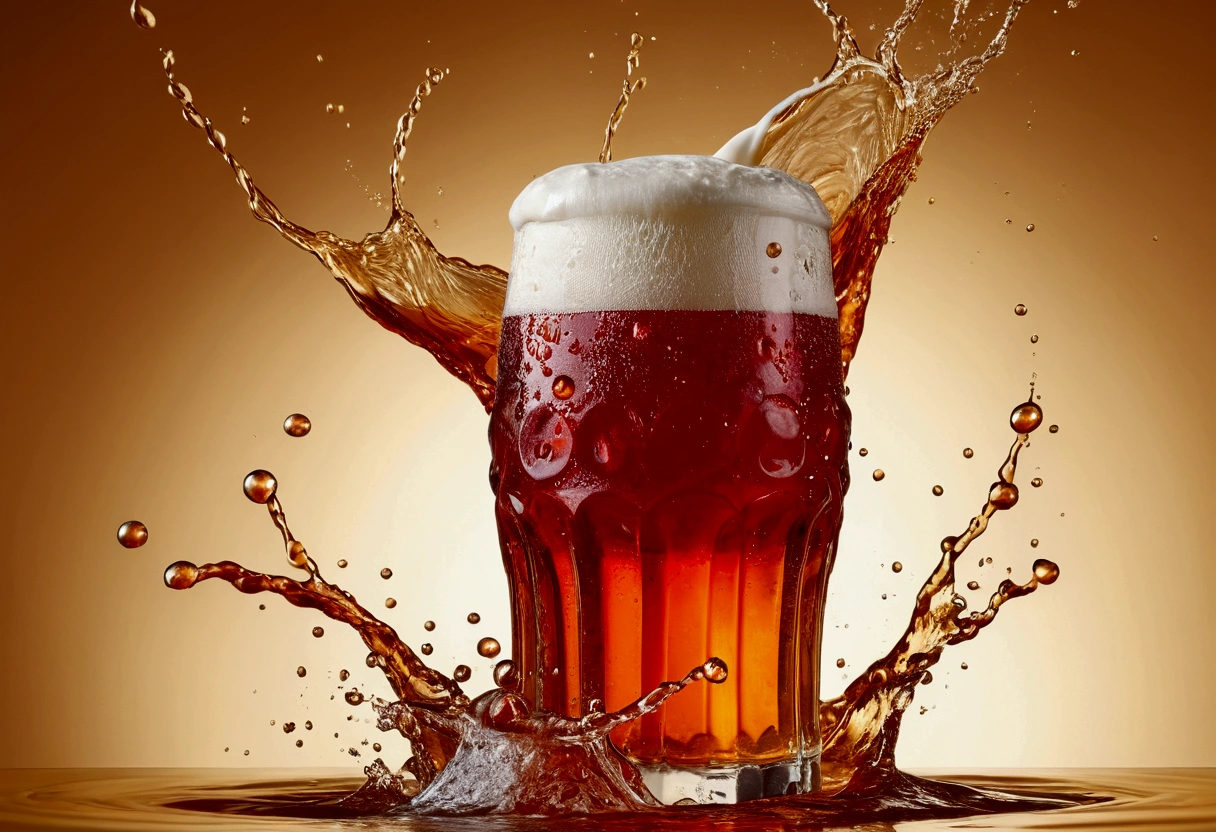 a picture of a red beer, beer splashing in the elegant cream color background like in a commercial, everything in focus