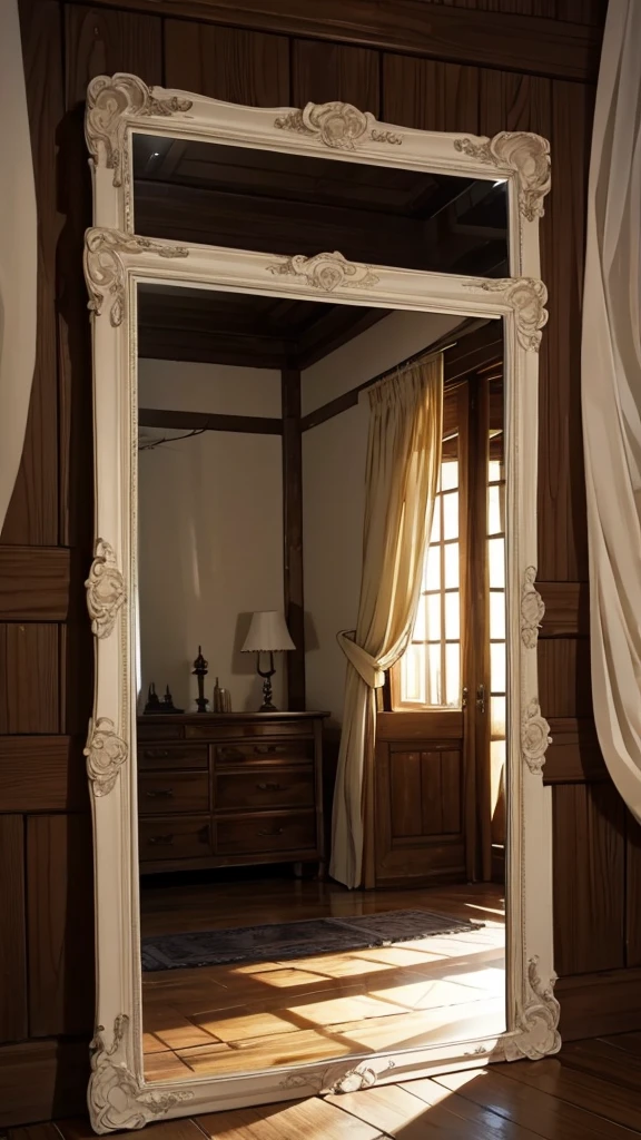 A old wooden haunted house with a large mirror inside the house covered with white cloth