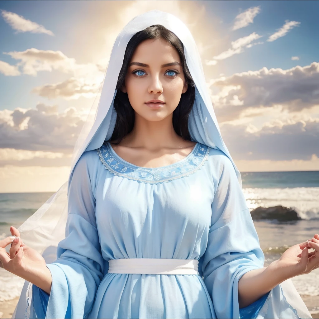 Beautiful woman with light blue eyes, curly black hair, wearing a blue tunic with wide, long sleeves adjusted at the waist by a white sash. Wear a thick white veil. She has open arms. Beautiful female hands