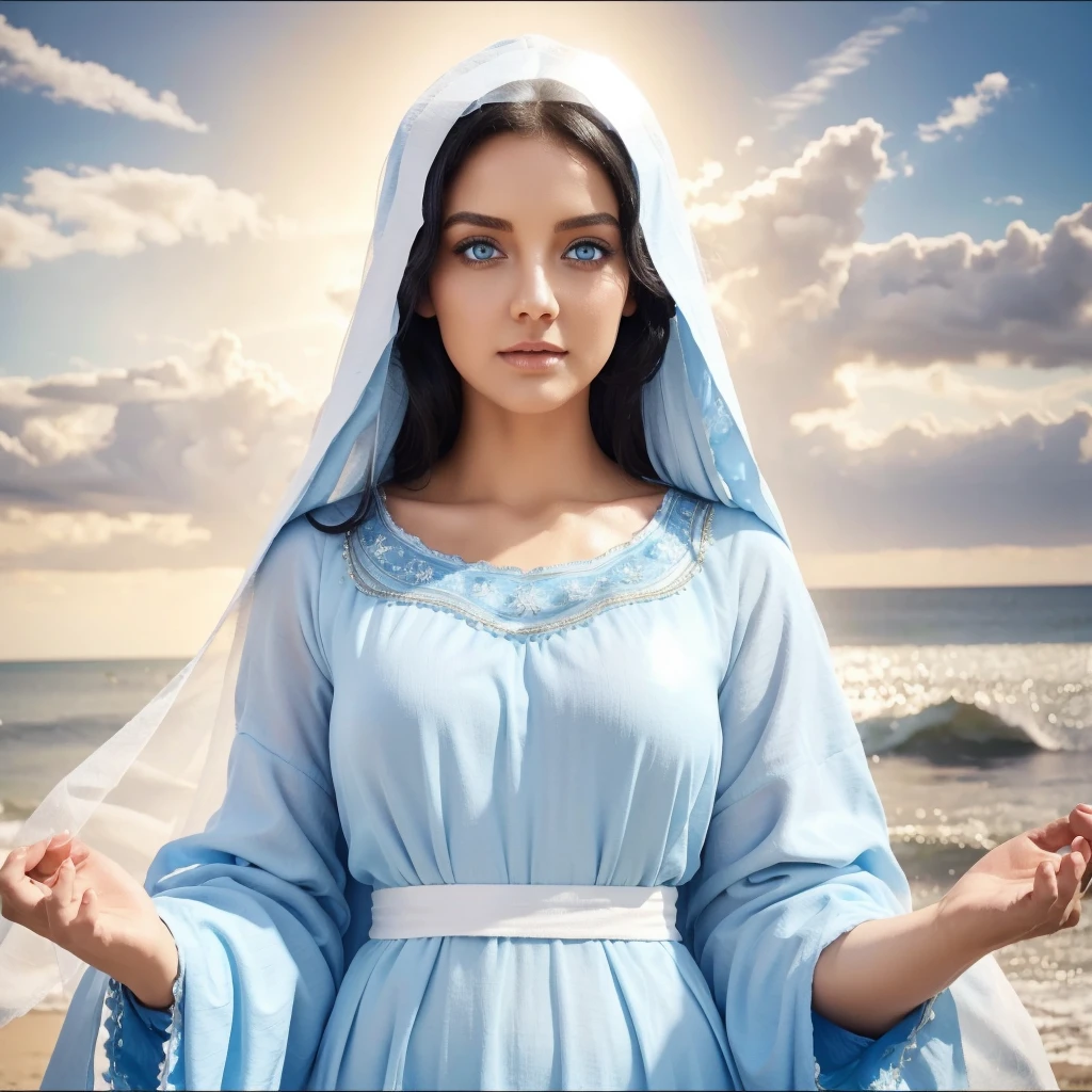 Beautiful woman with light blue eyes, curly black hair, wearing a blue tunic with wide, long sleeves adjusted at the waist by a white sash. Wear a thick white veil. She has open arms. Beautiful female hands