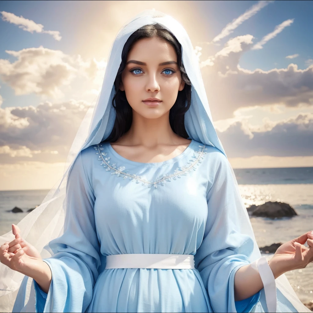 Beautiful woman with light blue eyes, curly black hair, wearing a blue tunic with wide, long sleeves adjusted at the waist by a white sash. Wear a thick white veil. She has open arms. Beautiful female hands