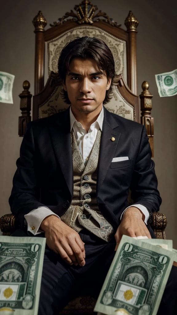 A rich man sitting on a throne with banknotes around him