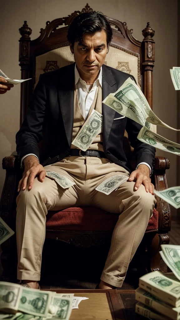 A rich man sitting on a throne with banknotes around him