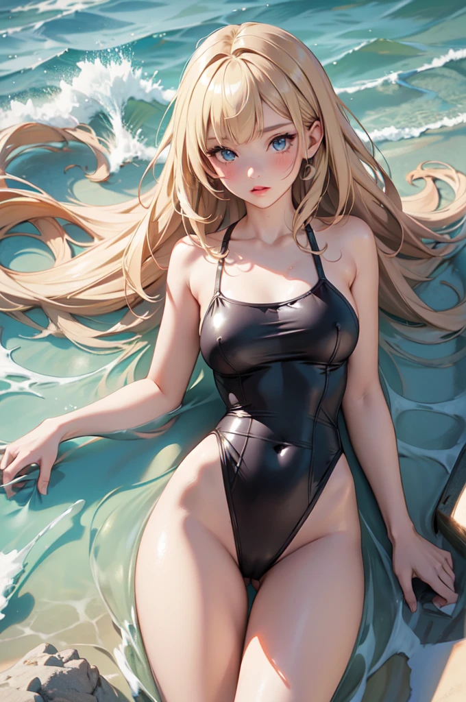 1 girl, standing alone, stylish hair (whole body: 1.1), (side to the viewer: 1.1),One-piece swimsuit with wide strap and channeled seam , filmg , dolce_ta, best qualityer, work of art, hair blonde, blue colored eyes, Exquisite mouth,very highly detailed face, blush, wet and shiny skin, pink lips, delicate lips, beach background, lying on sand