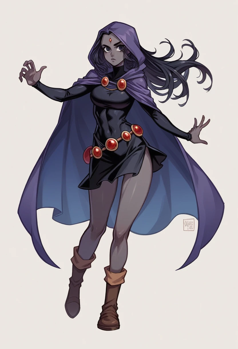 1 adult girl, Raven, black skin black leotard, black cloack, hooded cloak, knee-length Greek skirt, booties, long hair, wavy black hair, forehead jeauel, purples eyes, medieval belt, firm skin, standing, toned, breastsout, battle pose, (posando)), Lines of movement, portraite, b&au. Contour, whole body