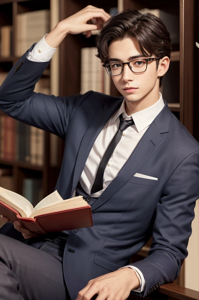 Handsome young man wearing glasses holding book