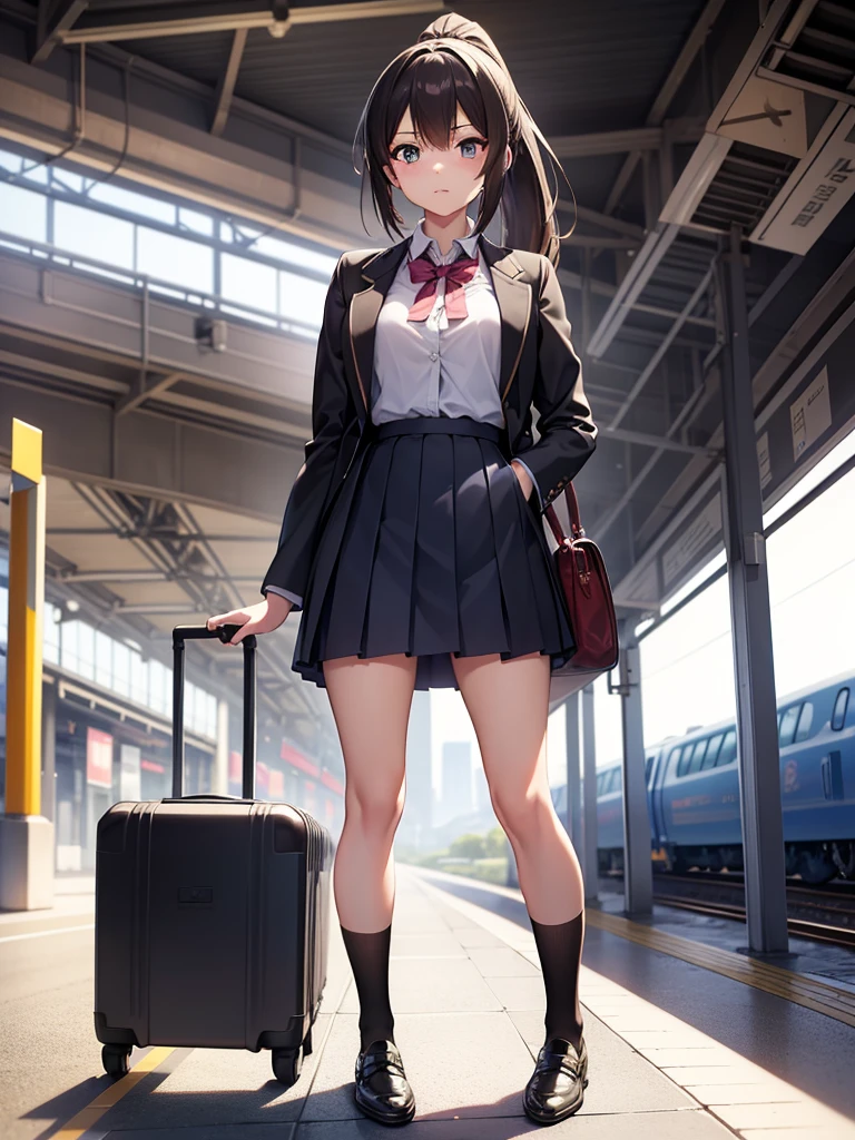 masutepiece, Best Quality, High resolution, Extremely detailed, Detailed background, Cinematic lighting, 1girl in, Looking at Viewer, mini skirt, Pleated skirt, Standing, Full body, Sunlight, Waiting train, train station, Stand on the platform , City Girl,ponytail
