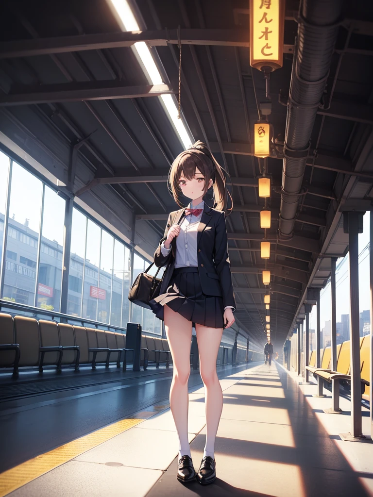 masutepiece, Best Quality, High resolution, Extremely detailed, Detailed background, Cinematic lighting, 1girl in, Looking at Viewer, mini skirt, Pleated skirt, Standing, Full body, Sunlight, Waiting train, train station, Stand on the platform , City Girl,ponytail