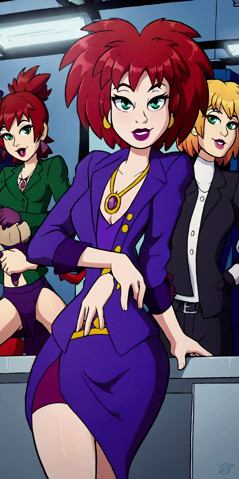 A cute girl, light skin, sexy, attractive, red hair, shiny cut, tousled, her green eye, dresses in a purple button-down buttoned long office coat and a long purple skirt with a black heel.