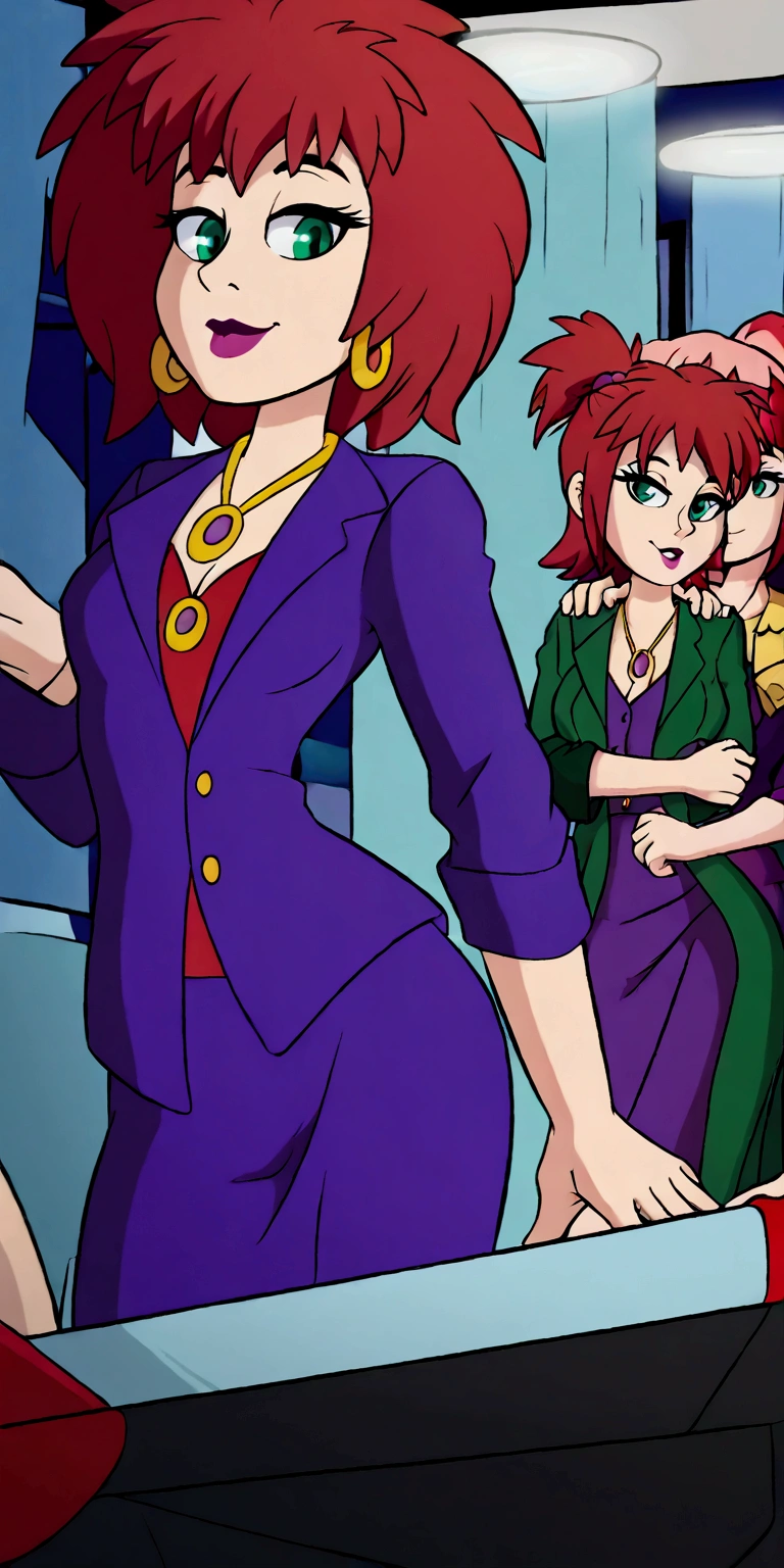 A cute girl, light skin, sexy, attractive, red hair, shiny cut, tousled, her green eye, dresses in a purple button-down buttoned long office coat and a long purple skirt with a black heel.