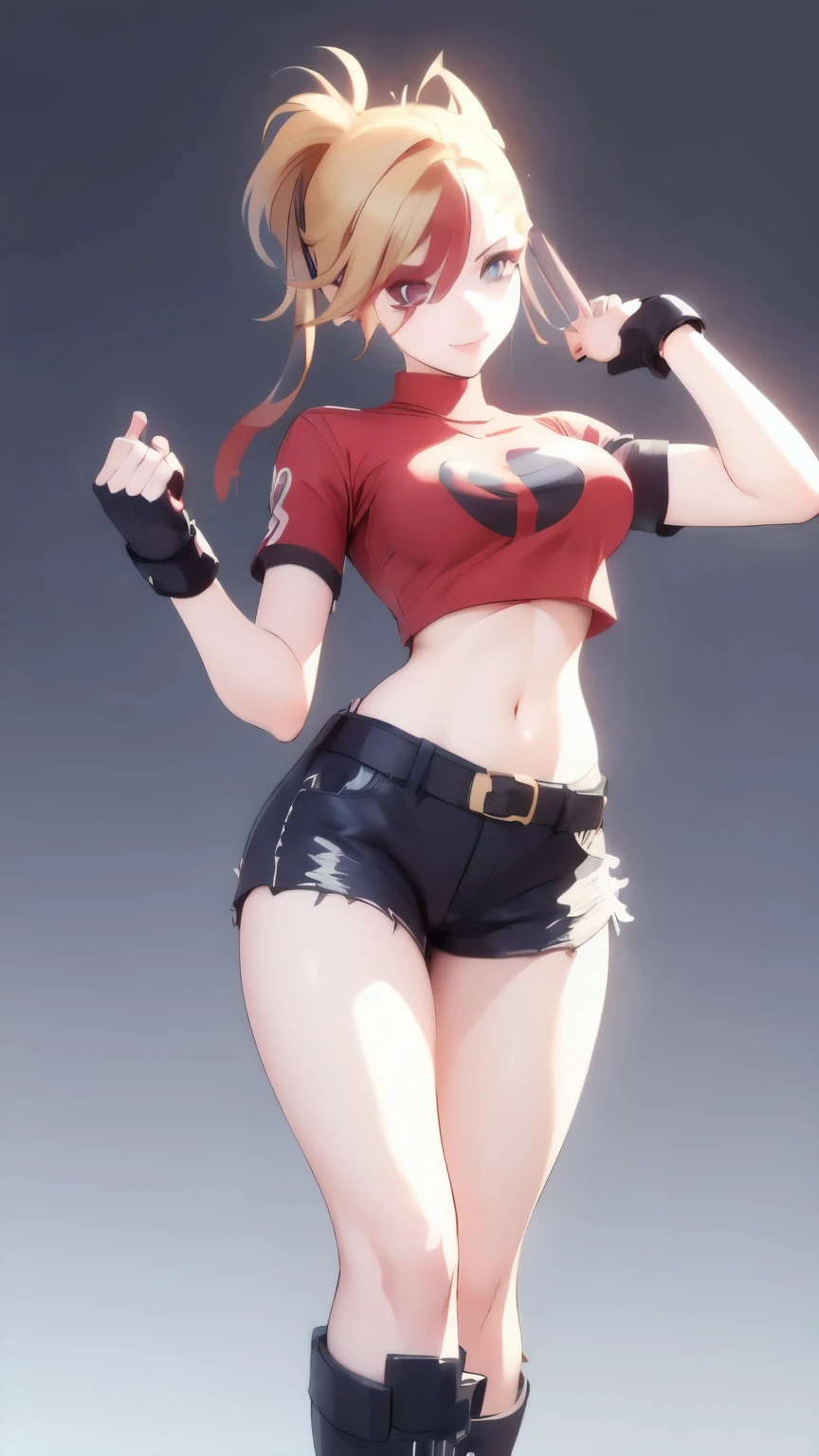(best quality:1.2),solo,1girl,mdrin,smile,looking at viewer , ultra detailed face, ponytail,v-shaped eyebrows,red shirt, fingerless gloves,black shorts , garden background, warm color tones,soft lighting, Hair over one eye, ultra long hair, victory pose, long boots, long ponytail, blonde, standing