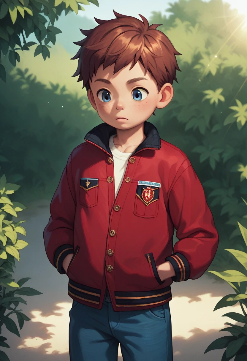 (((Masterpiece))), best quality, cowboy shot, (detailed face), outdoors, sunny, warm sunlight, painterly)) 1boy, ((shota)), solo, red jacket, three quarter view, hand_in_pocket