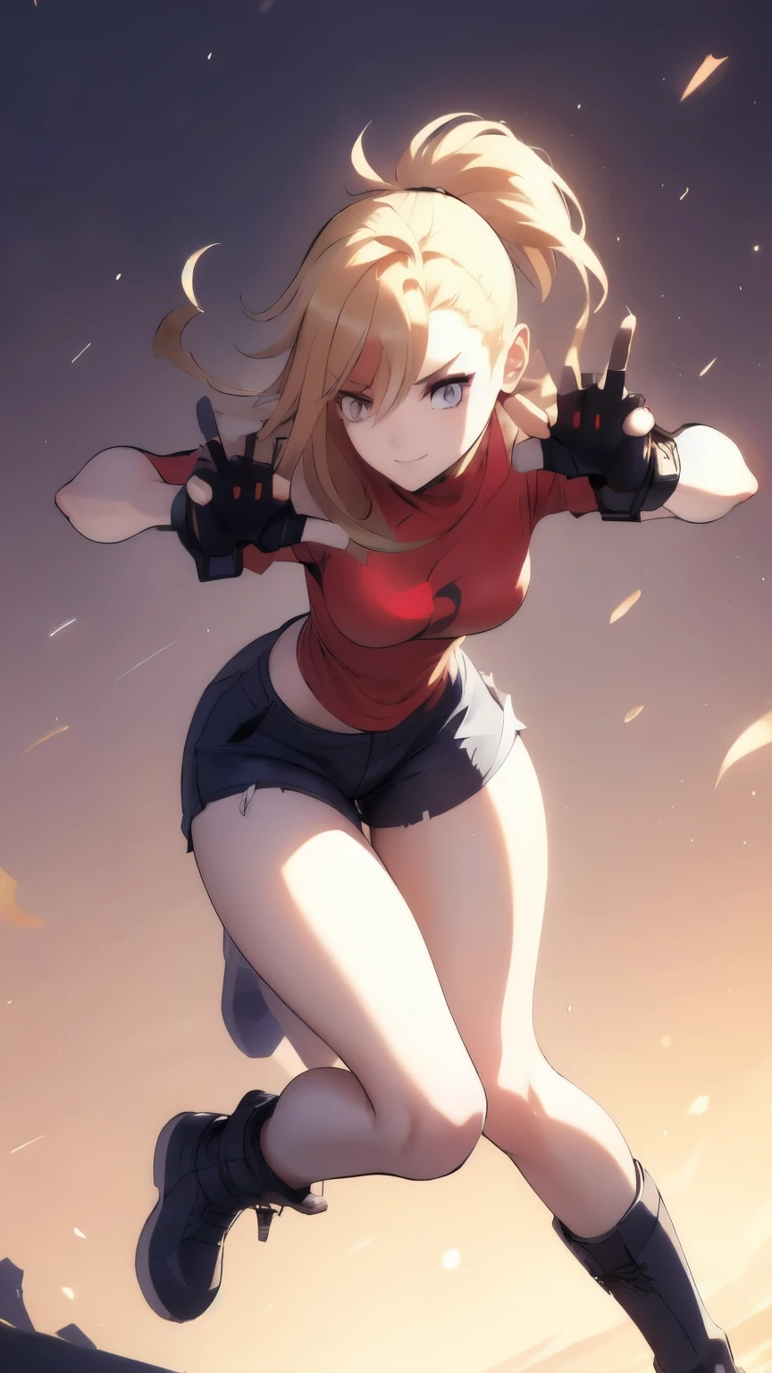 (best quality:1.2),solo,1girl,mdrin,smile,looking at viewer , ultra detailed face, ponytail,v-shaped eyebrows,red shirt, fingerless gloves,black shorts , garden background, warm color tones,soft lighting, Hair over one eye, ultra long hair, victory pose, long boots, long ponytail, blonde, standing