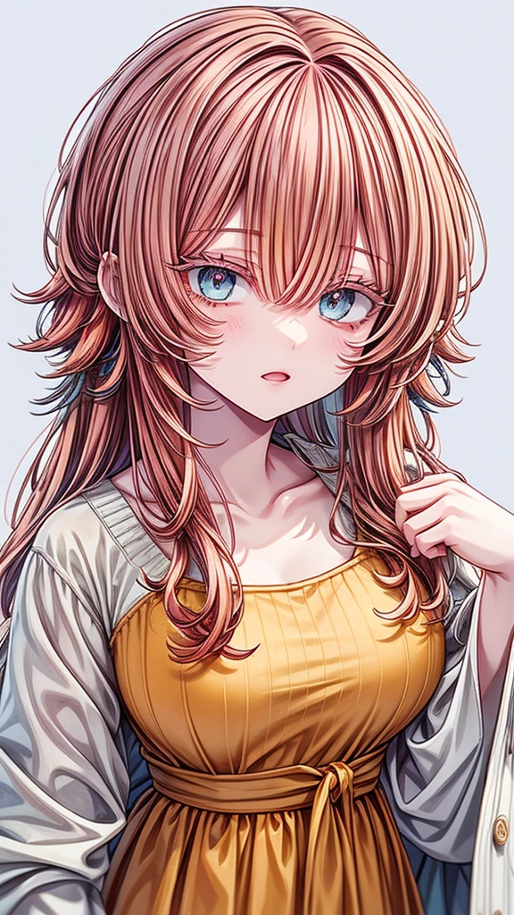  Artwork, best quality, high quality, ultra detailed, anime style, 1 girl, cute, beautiful skin, ((bright turquoise eyes)), ((orange eyelashes)), ((colorful eyelashes,)) ((orange hair)), ((long orange hair)),((long curly orange hair)), ((messy hair)), ((intricate hair)), ((messy hair)), ((colored eyelashes)), ((orange eyelashes)), white dress