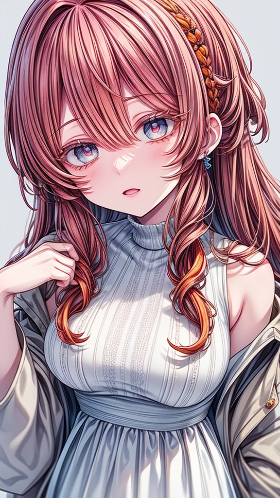  Artwork, best quality, high quality, ultra detailed, anime style, 1 girl, cute, beautiful skin, ((bright turquoise eyes)), ((orange eyelashes)), ((colorful eyelashes,)) ((orange hair)), ((long orange hair)),((long curly orange hair)), ((messy hair)), ((intricate hair)), ((messy hair)), ((colored eyelashes)), ((orange eyelashes)), white dress