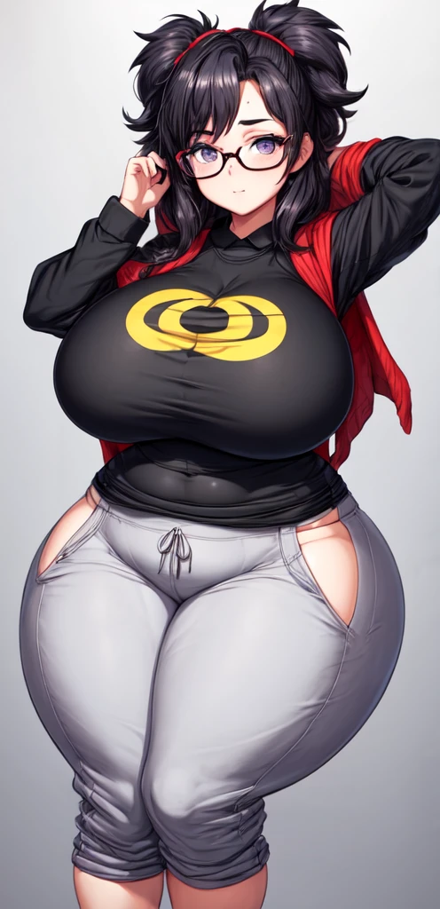 Nerdy girl, thick glasses, messy hair, gigantic breasts, extremely wide hips, baggy clothes