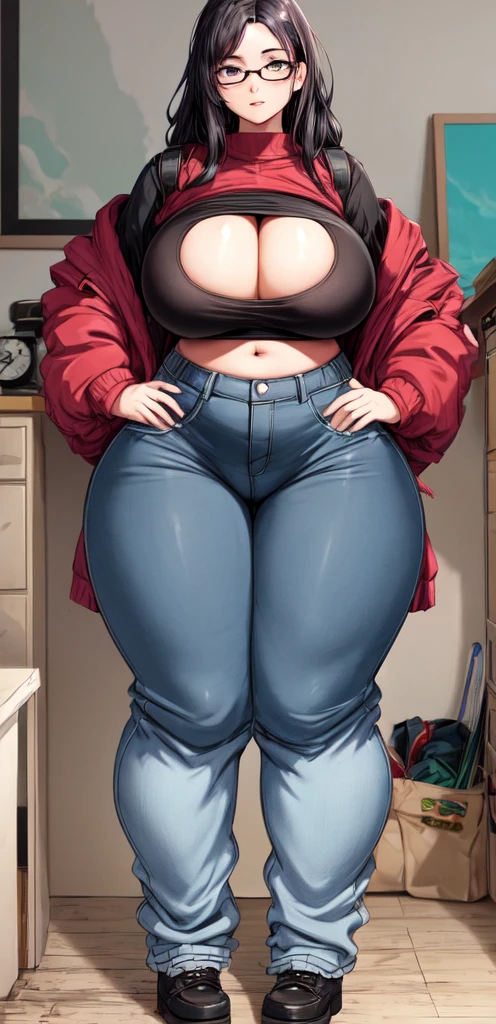 Nerdy girl, thick glasses, messy hair, gigantic breasts, extremely wide hips, baggy clothes