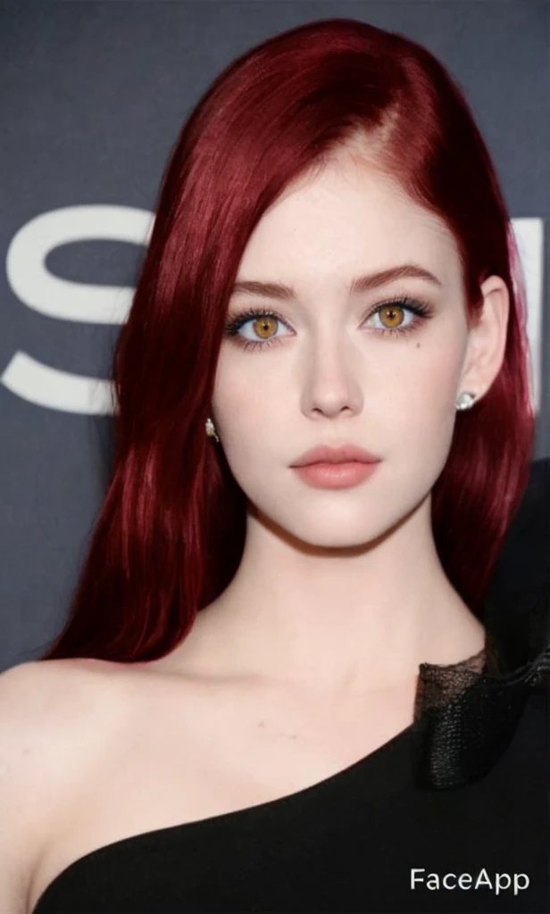 Cherry red hair, amber gold colour eyes