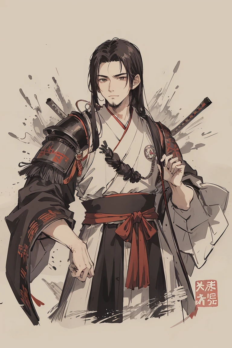 sparrow, a black haired men, wearing a red samurai armor, medium hair, fasion hair, samurai armor, slim body, shirt ornament, hakama, men, handsome face, tall 187cm, 25yearold, samurai