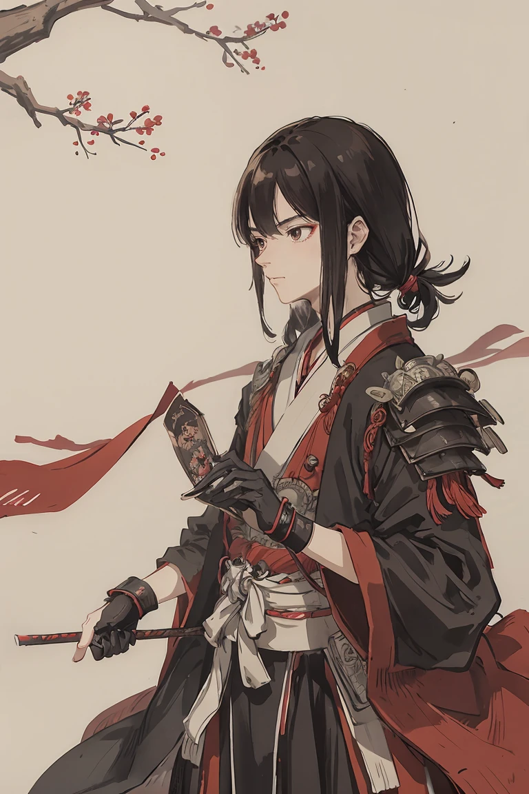 sparrow, a black haired men, wearing a red samurai armor, medium hair, fasion hair, samurai armor, slim body, shirt ornament, hakama, men, handsome face, tall 187cm, 25yearold, samurai