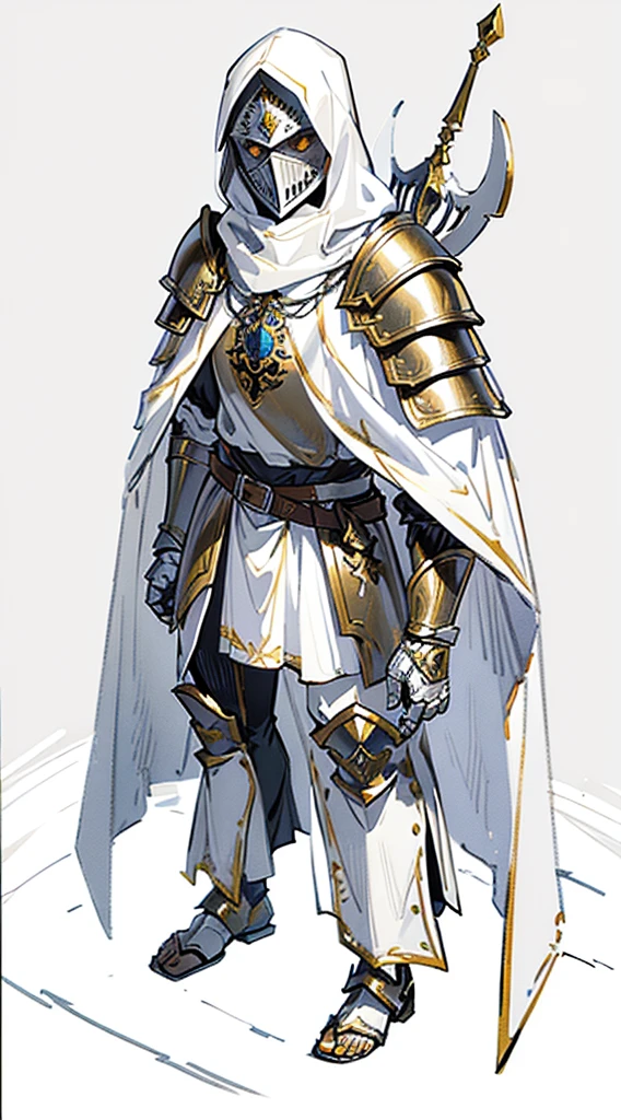 Templar warrior in armor, wearing armor and a white skirt, he also wears a cloak with gold borders, the leper king balduin iv
